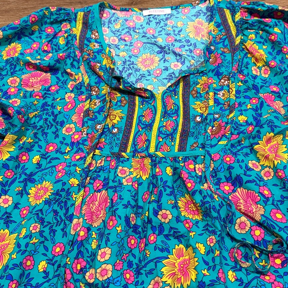 Bluetime Floral Boho Summer V Neck Flowy Beach Dress - Picture 5 of 7
